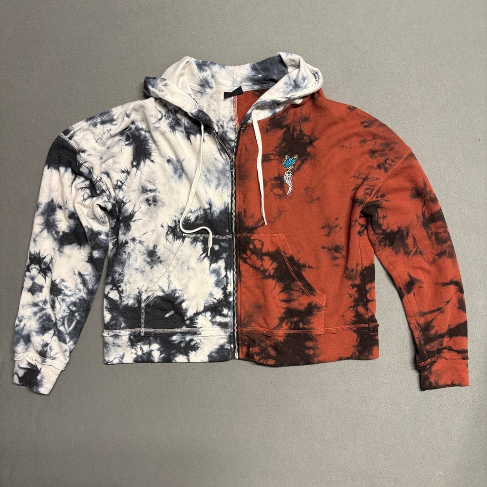 Empyre Tie-Dye Zip‎ Hoodie L Red Black White Sweatshirt Skeleton Butterfly Patch